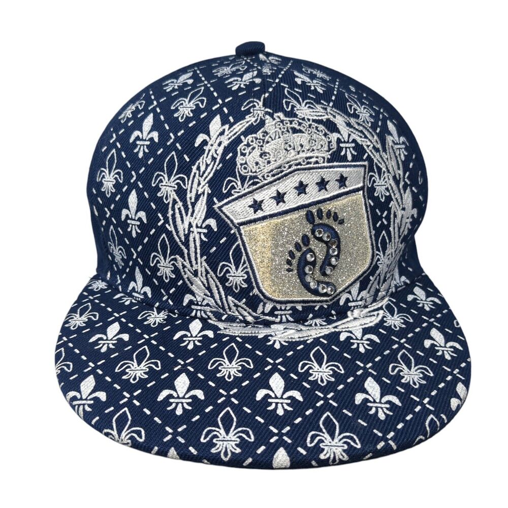 Skips Fitted Hat Blue Large Embroidered Glitter Rhinestone 6 Panel Acrylic